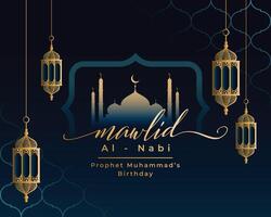 Mawlid al nabi bellissimo saluto con moschea e lanterna vettore