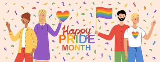 contento orgoglio mese striscione. lgbt Comunità. diverso persone hold arcobaleno bandiera e cuore. gay, lesbiche, transessuali e bisessuale orgoglio parata. LGBTQ orgoglio. vettore illustrazione nel piatto stile