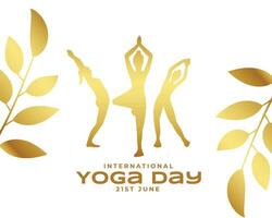 elegante 21 mondo yoga giorno sfondo con d'oro le foglie design vettore