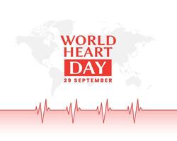 29th settembre mondo cuore giorno manifesto con globale carta geografica e cardiogramma vettore
