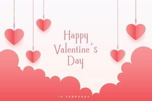 contento san valentino giorno carta con sospeso carta cuori e soffice nube vettore