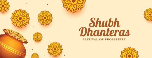 decorativo shubh dhanteras saluto bandiera con d'oro moneta kalasha vettore