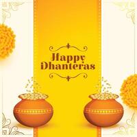 decorativo indiano Festival dhanteras auguri sfondo con moneta pentola e calendula vettore