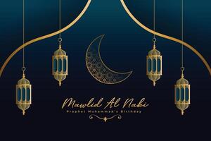 Mawlid al nabi Festival auguri carta con lanterna e Luna vettore