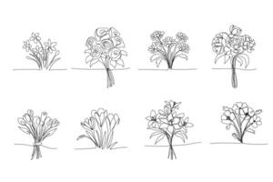 linea arte, mazzo di fiori, singolo linea disegno. nero linea, tulipani, narcisi, Rose. primavera fiori vettore