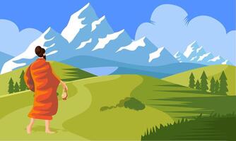 sadhu a piedi per montagna, himalaya vettore illustrazione