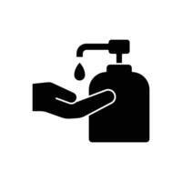 liquido mano sapone icona. semplice solido stile. mano lavaggio, gel, disinfettare, antibatterico, bottiglia, distributore, pulito concetto. nero silhouette, glifo simbolo. vettore illustrazione isolato.