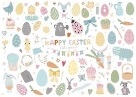 contento Pasqua impostare. Pasqua coniglietto, farfalle, pulcino, uova, rami e fiori. vettore illustrazione isolato su bianca sfondo