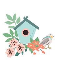 carino primavera o estate uccello e blu birdhouse con fiori. vettore illustrazione isolato. può Usato per sfondo, manifesto, Stampa design per stoffa.