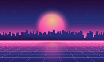 retrò futuristico synthwave retrowave anni 80 styled notte paesaggio urbano con grande tramonto su sfondo. copertina o bandiera modello per retrò onda musica. vettore 1980 Vintage ▾ illustrazione.