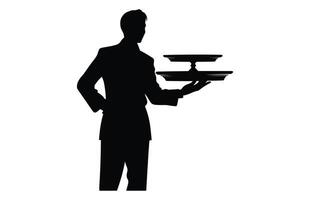 Cameriere servendo piatto cibo copertina cupola silhouette. cartello mano di Cameriere con servendo vassoio. Cameriere servendo. vettore