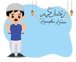 cartone animato carino musulmano ragazzo preghiere contento Ramadan kareem vettore