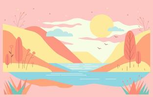 piatto design illustrazione di lago fiume Visualizza con colline nel estate vettore