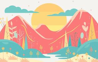 piatto design illustrazione di montagna natura paesaggio con grande sole nel estate vettore