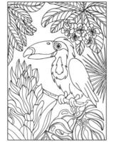 colorazione libro per bambini e adulti, pappagallo uccello su un' sfondo di tropicale le foglie. illustrazione, schizzo, vettore