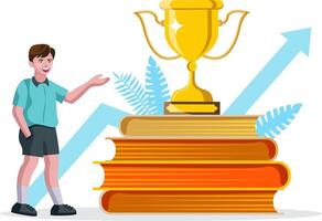 crescita e formazione scolastica concetto, ragazzo in piedi con libri e trofeo vettore illustrazione