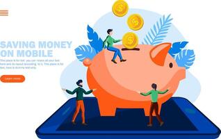 Salvataggio i soldi con squadra su mobile concetto vettore illustrazione