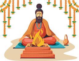 sadhu fare havan nel davanti di fuoco vettore illustrazione