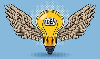 potente idea, lampadina con Ali, volante innovazione, creativo mano disegnato vettore