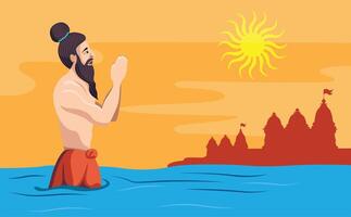 spirituale guru sadhu preghiere nel santo fiume vettore