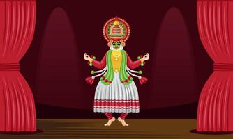 tradizionale kathakali ballerino l'esecuzione danza su palcoscenico, classico danza India vettore