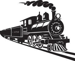 nero e bianca silhouette di un' Vintage ▾ vapore locomotiva sbuffando lungo il brani, emitting un' pennacchio di Fumo. vettore