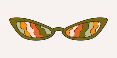 alla moda occhiali da sole nel scanalatura stile, cartone. retrò accessorio su un' leggero sfondo, hippy, anni '70. vario trippy modelli nel occhiali, onde. vettore