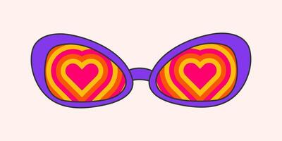 retrò hippie psichedelico stile occhiali da sole. geometrico astratto vettore bicchieri isolato su bianca sfondo, 70s Groovy moda. scarabocchio luminosa cuore modello per stampa su magliette, carte.