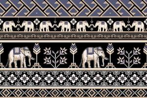 tradizionale tailandese elefante senza soluzione di continuità modello con floreale su nero sfondo. vettore design per tessuto, tappeto, piastrella, ricamo, avvolgere, sfondo, e sfondo