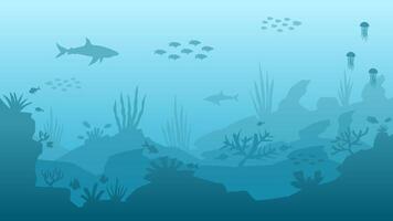 subacqueo paesaggio marino vettore illustrazione. in profondità mare silhouette con pesce e corallo scogliera. sottomarino paesaggio per illustrazione, sfondo o sfondo