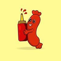 illustrazione di salsiccia personaggio abbracciare salsa bottiglia vettore