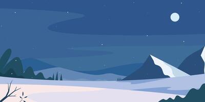 notte inverno montagne paesaggio con pini e colline vettore
