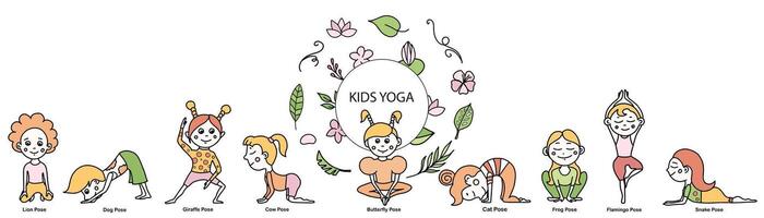 impostato di bambini yoga animale pose e tropicale foglie, fiori, rami. vettore cartone animato illustrazione nel scarabocchio stile.