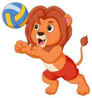carino Leone cartone animato giocando pallavolo vettore illustrazione. animale natura icona concetto isolato premio vettore