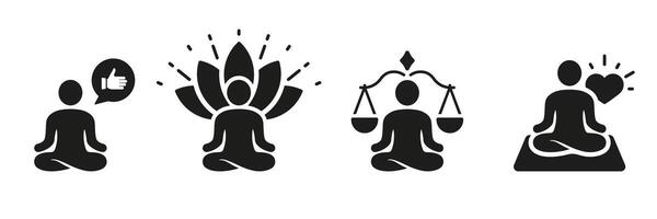 rilassare e yoga silhouette icona impostare. salutare stile di vita simbolo collezione. meditazione, armonia, equilibrio glifo pittogramma. esercizio per benessere, persone nel loto posa cartello. isolato vettore illustrazione