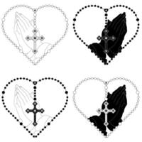 vettore design di preghiere mani con cuore sagomato rosario, rosario con cristiano attraverso, simbolo di cattolico religione
