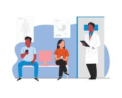maschio medico nel bianca laboratorio cappotto con il suo maschio e femmina pazienti nel ospedali in attesa camera. piatto stile design personaggio vettore illustrazione design