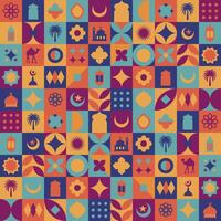 geometrico stile colorato islamico Ramadan kareem striscione, manifesto disegno, modello e geometrico sfondo. moschea, Luna, cupola e lanterne. minimalista illustrazioni vettore
