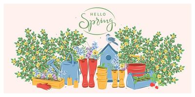 giardinaggio, in crescita impianti, agricolo Strumenti. Ciao primavera giardino. vettore illustrazione.