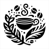 illustrazione di tazza logo con le foglie e caffè fagioli nel cerchio vettore