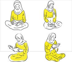 donne con hijab lettura libro vettore