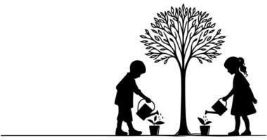 continuo uno nero linea arte disegno silhouette di bambini irrigazione un' albero. piantare albero per Salva il mondo e terra giorno ridurre globale riscaldamento crescita concetto vettore illustrazione su bianca sfondo