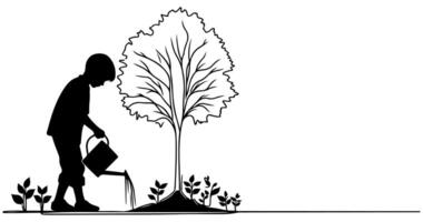 continuo uno nero linea arte disegno silhouette di bambini irrigazione un' albero. piantare albero per Salva il mondo e terra giorno ridurre globale riscaldamento crescita concetto vettore illustrazione su bianca sfondo