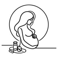 singolo continuo nero linea arte disegno lineare arte medicina Salute cura gravidanza salutare con incinta cibo scarabocchio vettore illustrazione