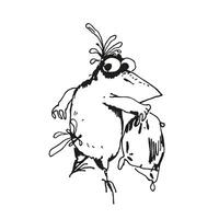 mano disegnato vettore illustrazione di cartone animato divertente corvo con cuscino, monocromatico schizzo di carino uccello corvo, inchiostrato silhouette di in posa volante animale isolato su bianca sfondo