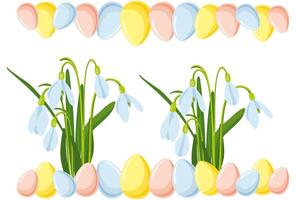 vettore illustrazione di Pasqua tema, mazzo di primavera fiori bucaneve e multicolore pastello Pasqua uova, primavera festa illustrazione su bianca sfondo