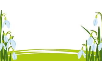 vettore illustrazione di Pasqua tema, primavera fiori bucaneve su verde erba, bianca fiori, mini cuffie e foglie, primavera festa illustrazione su bianca sfondo