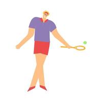 contento tennis giocatore colpire un' palla con racchetta. cartone animato piatto carattere. giovane tipo giocando tennis vettore