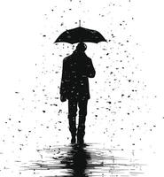 ai generato silhouette uomo con ombrello durante pioggerella nero colore solo vettore