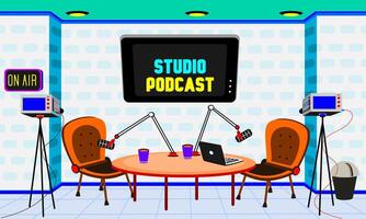 Podcast e trasmissione studio camera per fabbricazione soddisfare vettore design sfondo